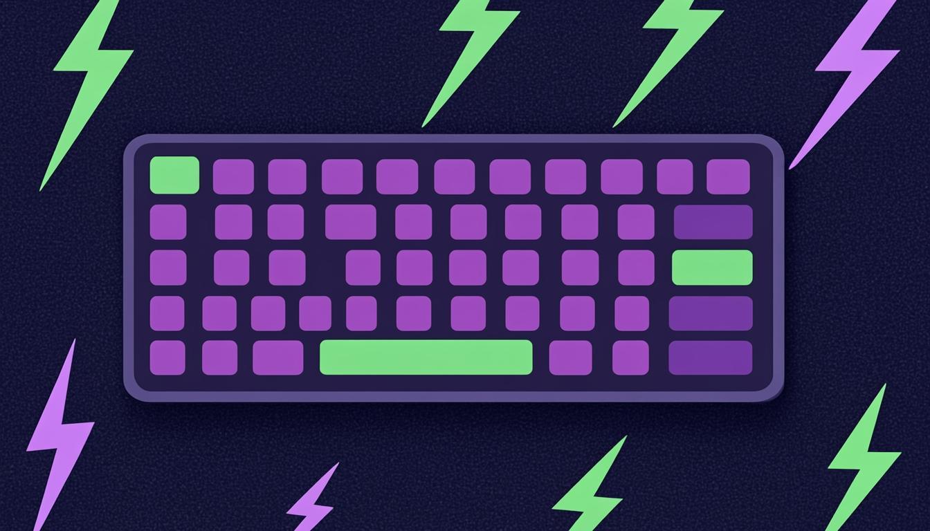 Keyboard with glowing code shortcut keys and a lightning bolt